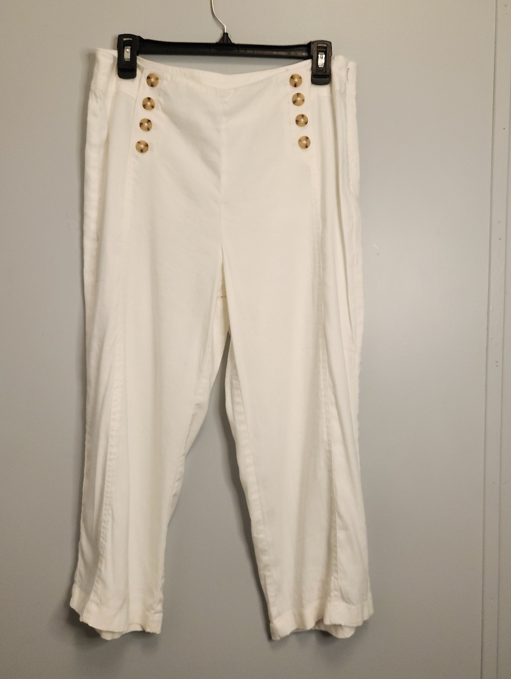 J. Jill White Linen Cropped Button-Accent Pants Size 12 Petite